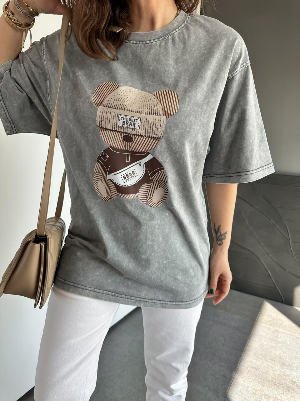 Gri The Best Bear Yıkamalı Tshirt