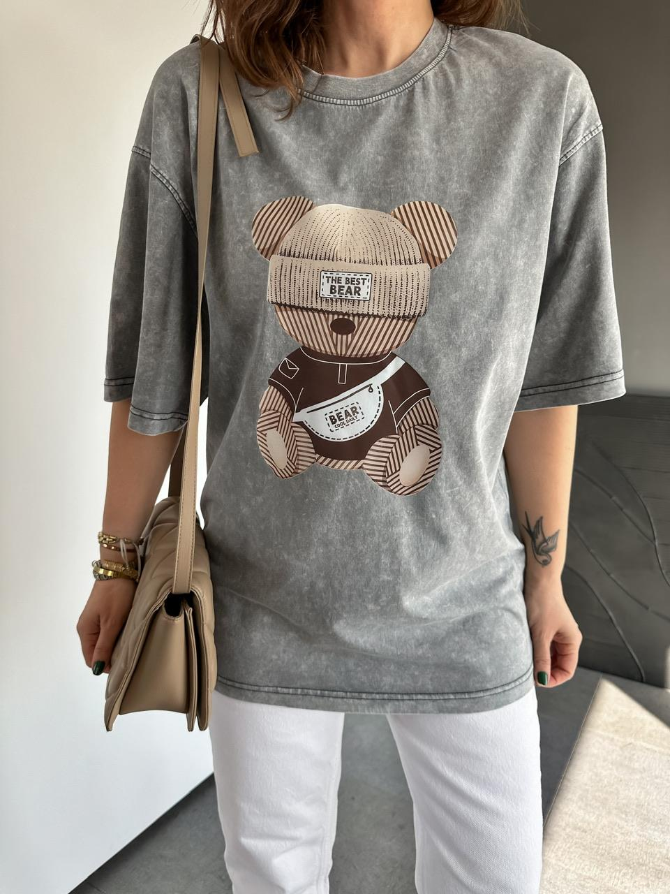 Gri The Best Bear Yıkamalı Tshirt
