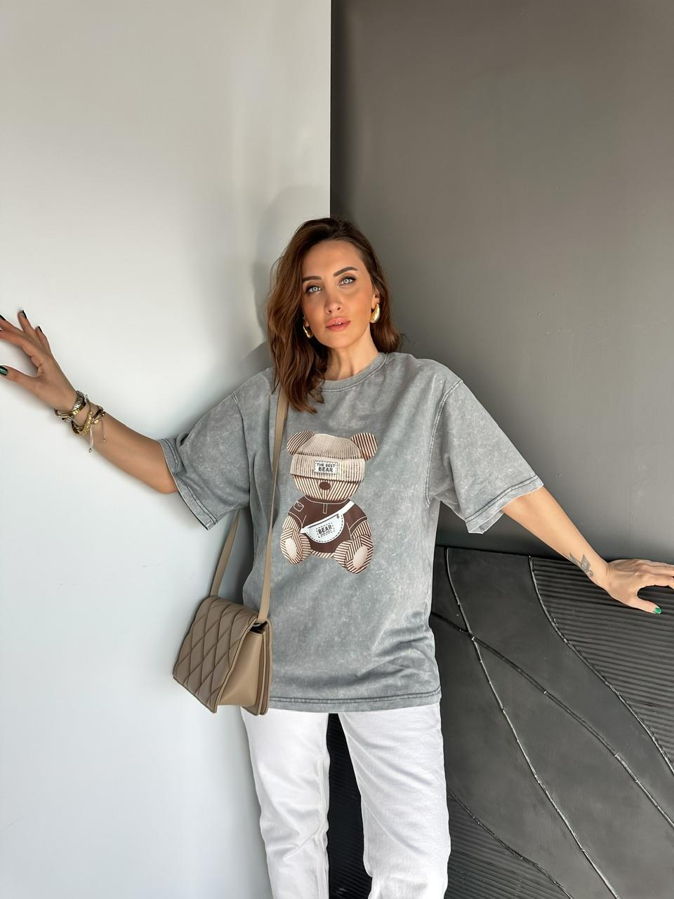 Gri The Best Bear Yıkamalı Tshirt
