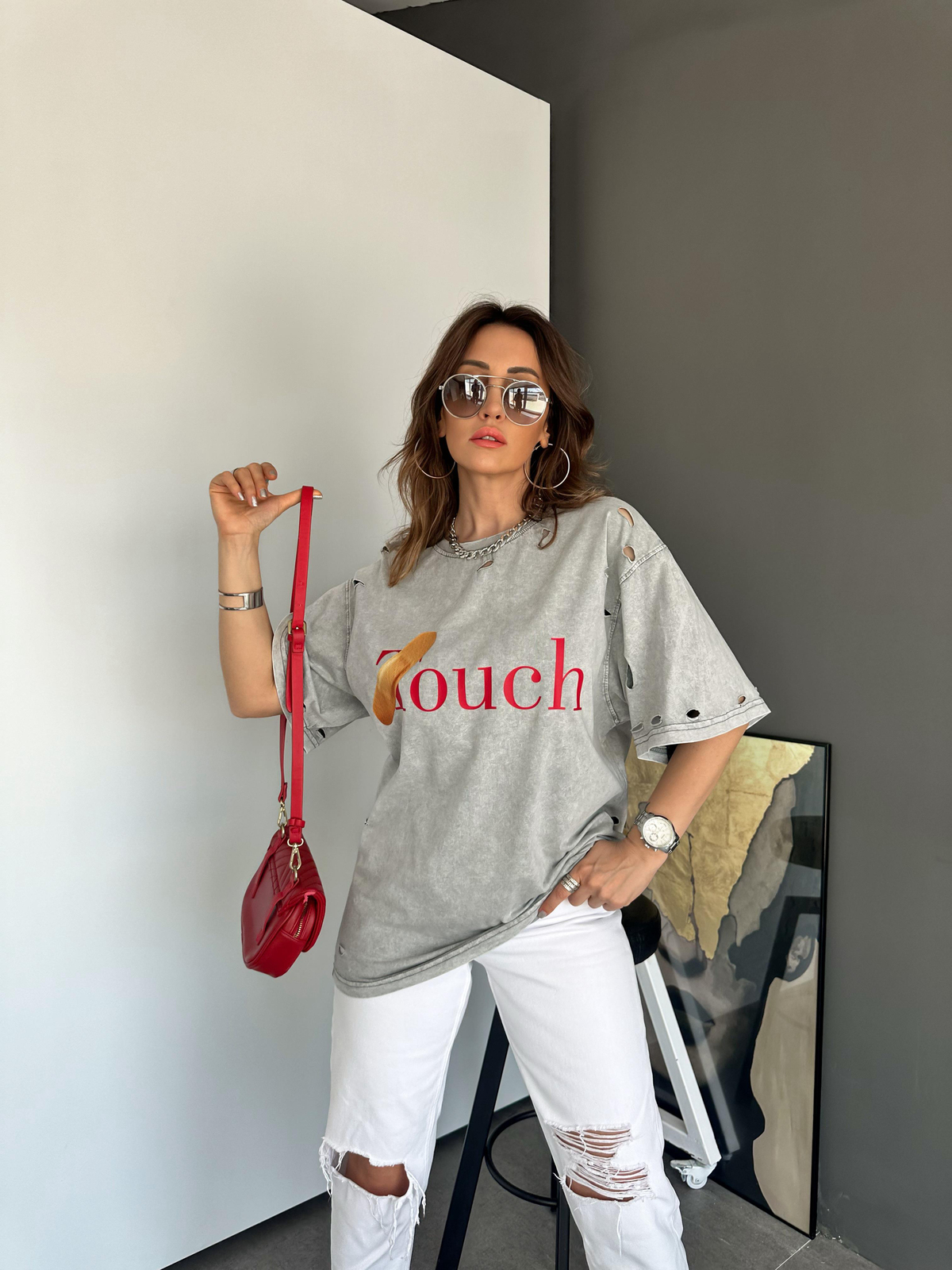 Gri Touch Yırtıklı Tshirt