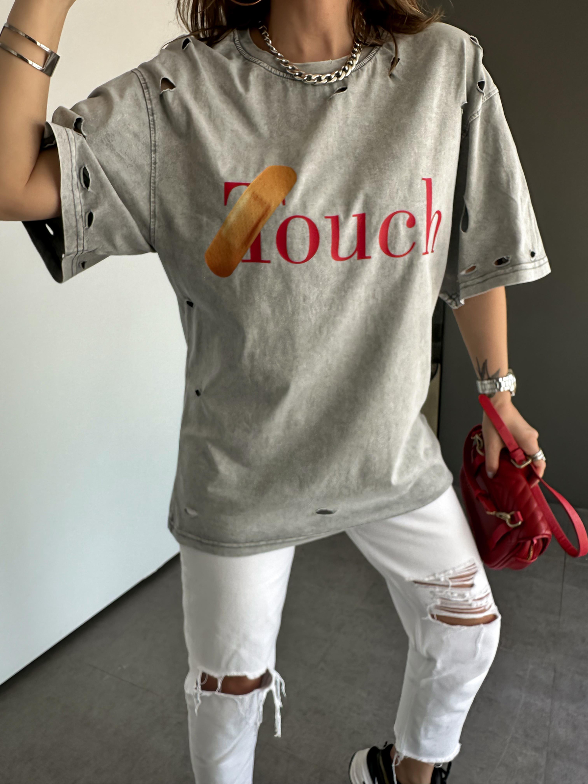 Gri Touch Yırtıklı Tshirt
