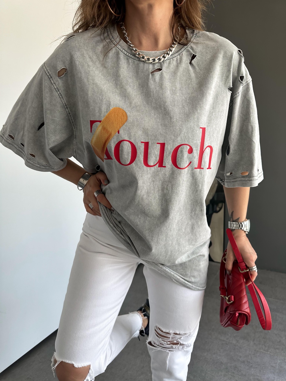 Gri Touch Yırtıklı Tshirt