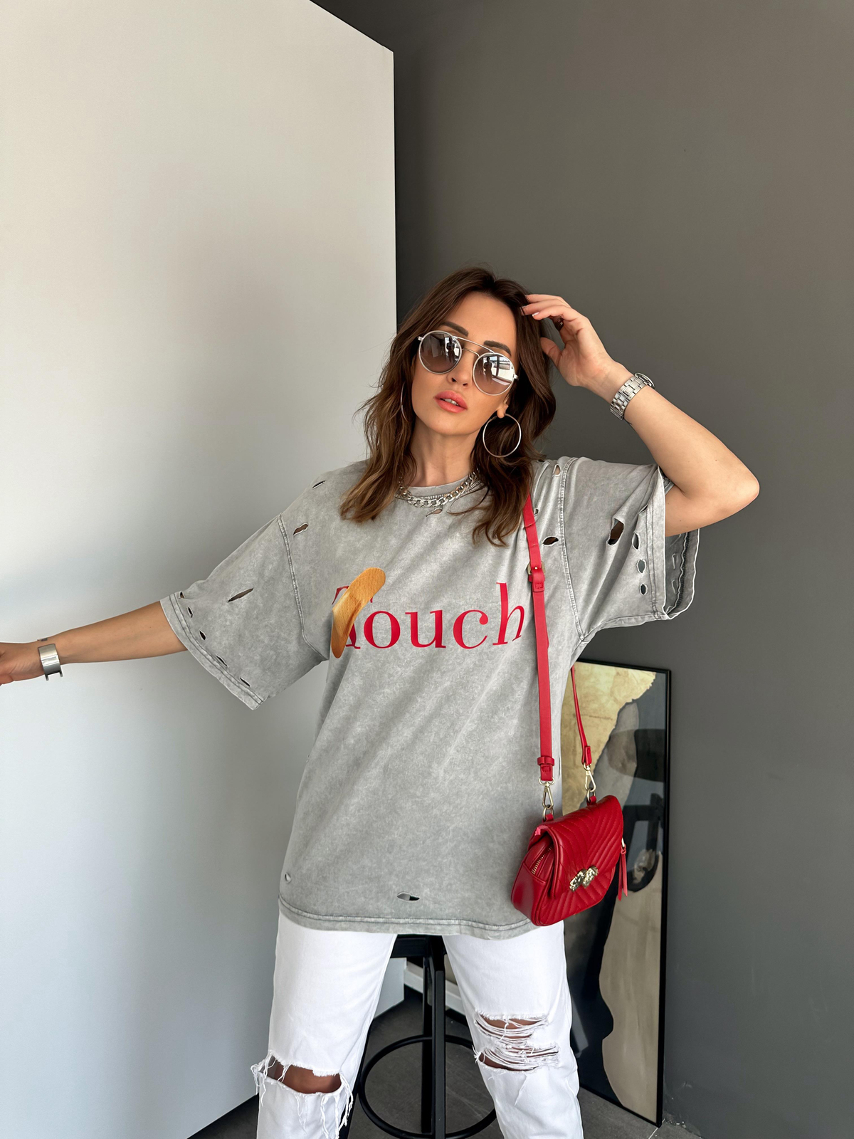 Gri Touch Yırtıklı Tshirt