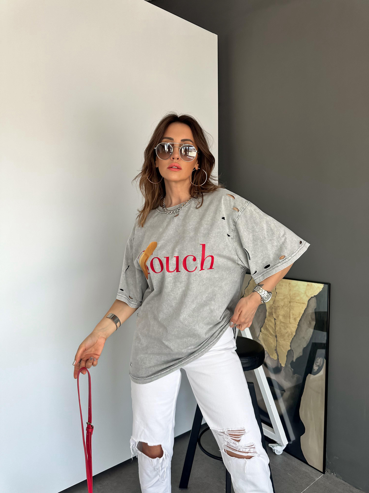 Gri Touch Yırtıklı Tshirt