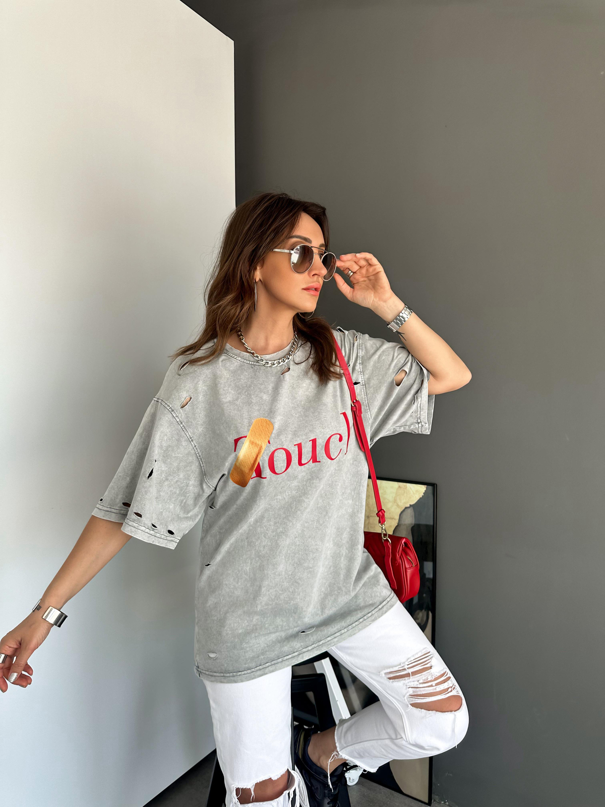 Gri Touch Yırtıklı Tshirt