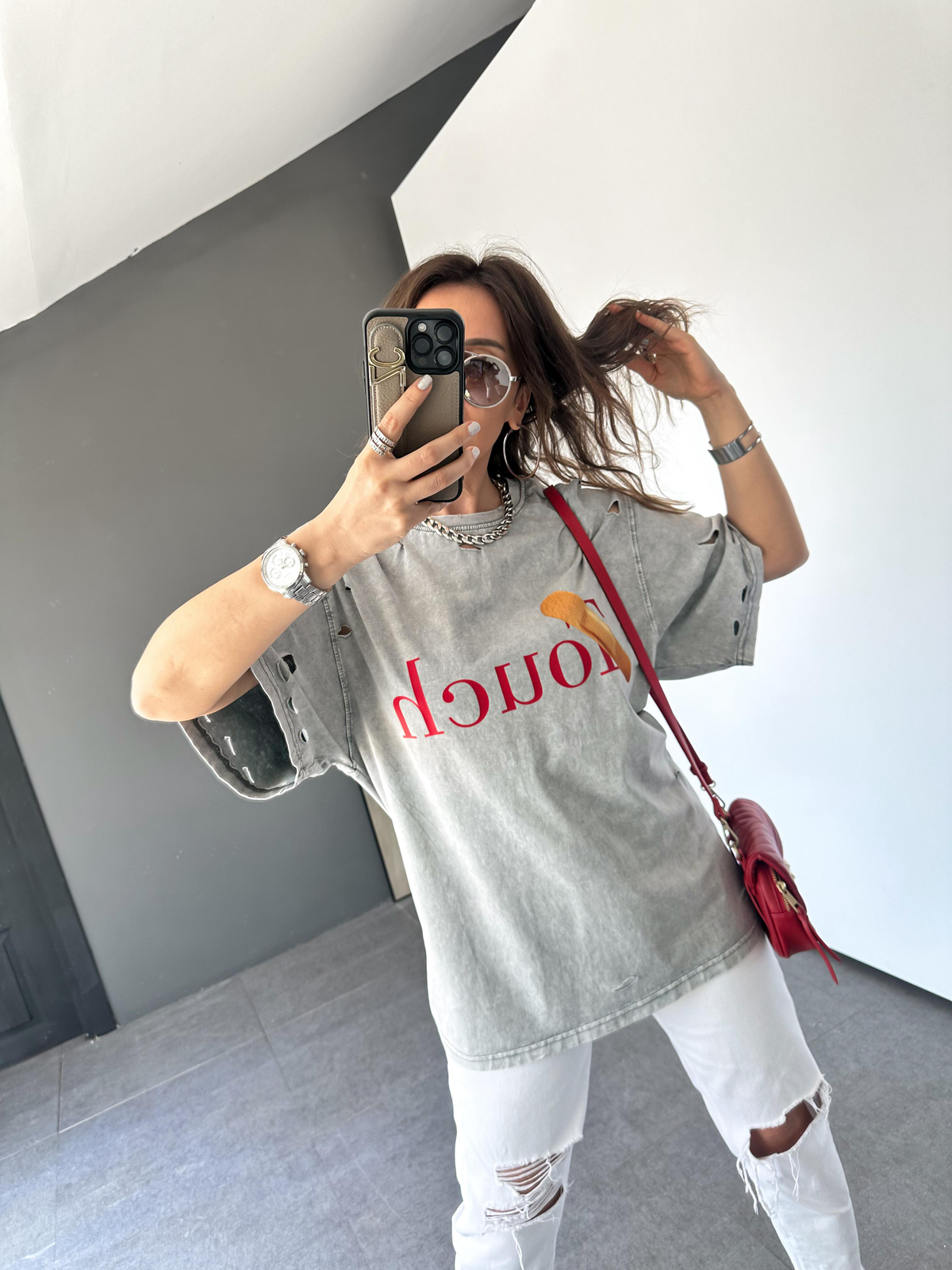 Gri Touch Yırtıklı Tshirt