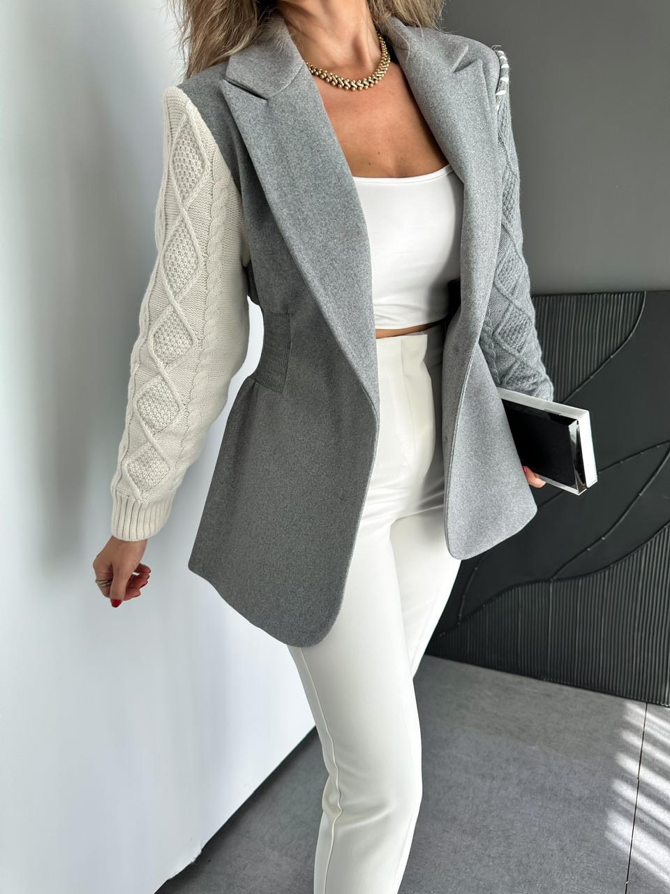 Gri Triko Kol Tasarım Blazer Ceket