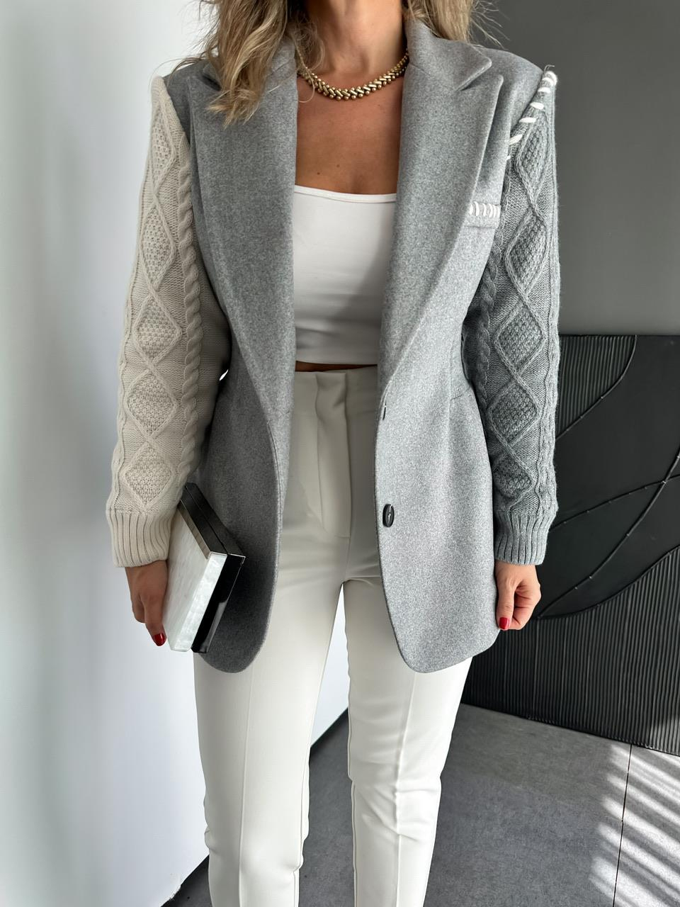 Gri Triko Kol Tasarım Blazer Ceket