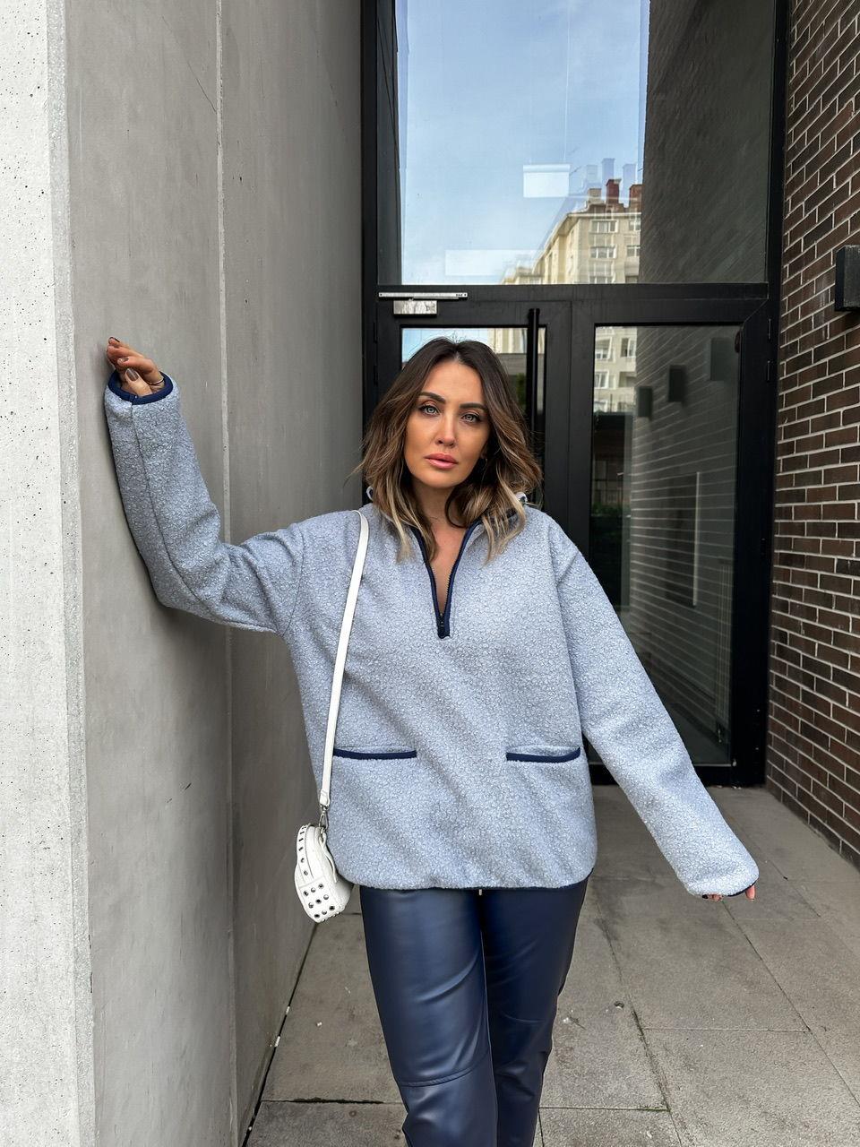 Gri Yaka Fermuarlı Buklet Sweatshirt