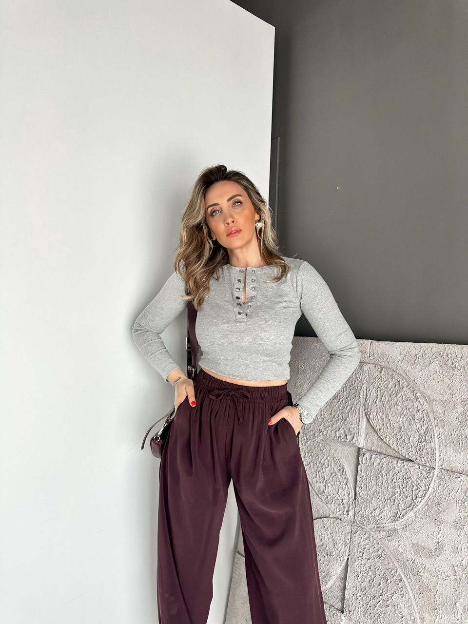 Gri Yakası Cıtcıtlı Orijinal Fitilli Tshirt