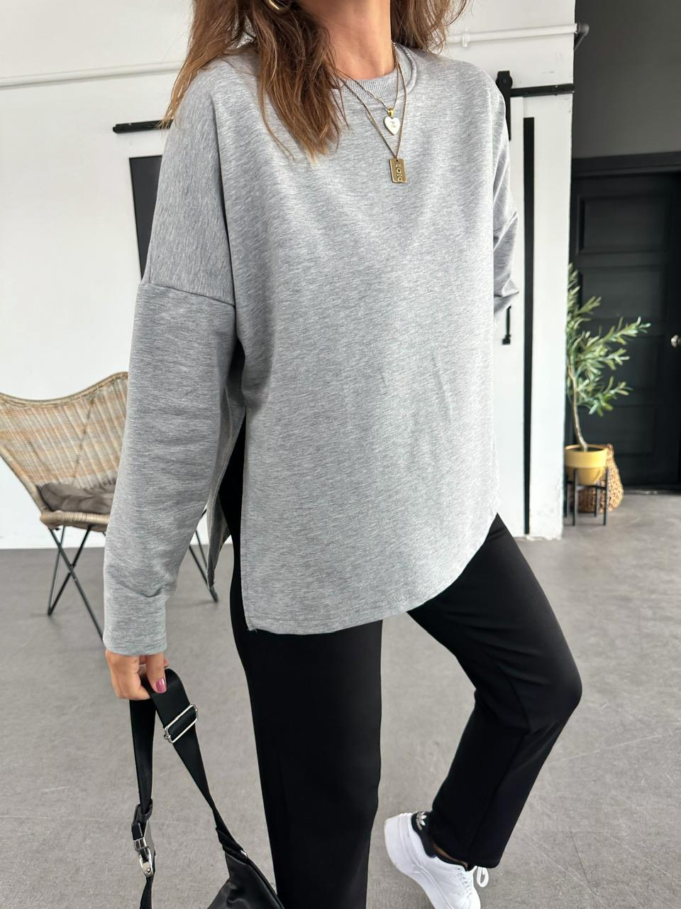 Gri Yanı Yırtmaçlı Sweatshirt
