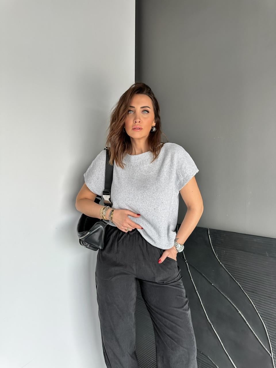 Gri Yarasa Kol Yumuşak Dokulu Tshirt