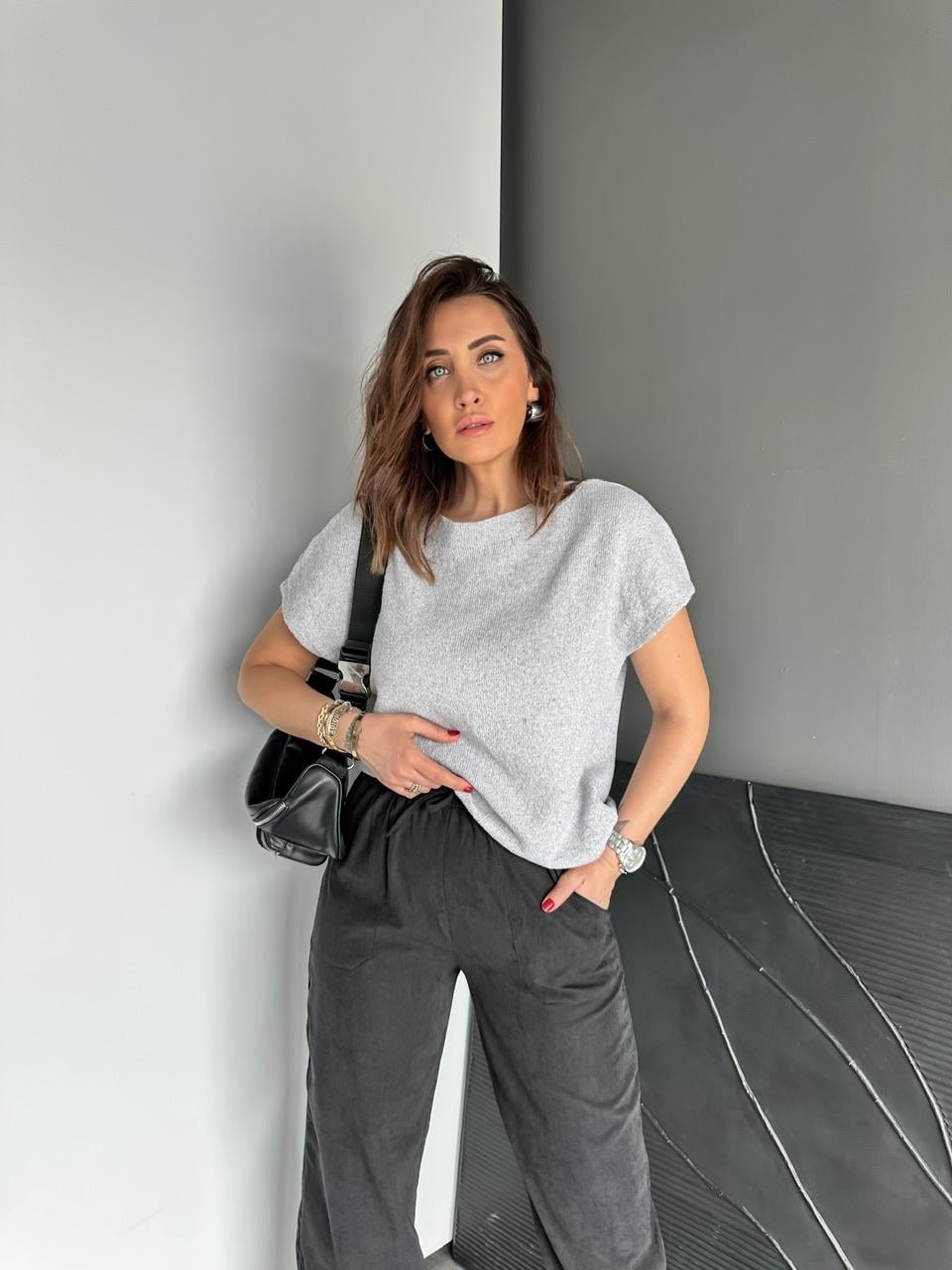 Gri Yarasa Kol Yumuşak Dokulu Tshirt