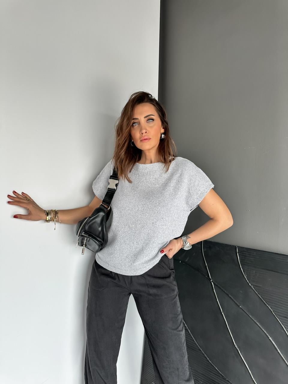 Gri Yarasa Kol Yumuşak Dokulu Tshirt