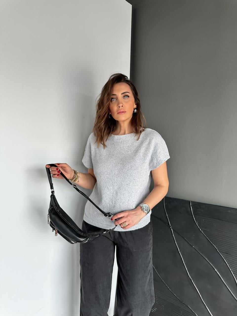 Gri Yarasa Kol Yumuşak Dokulu Tshirt