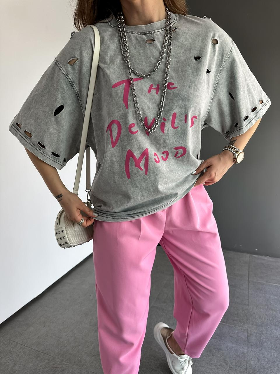 Gri Yıkamalı Devil Tshirt