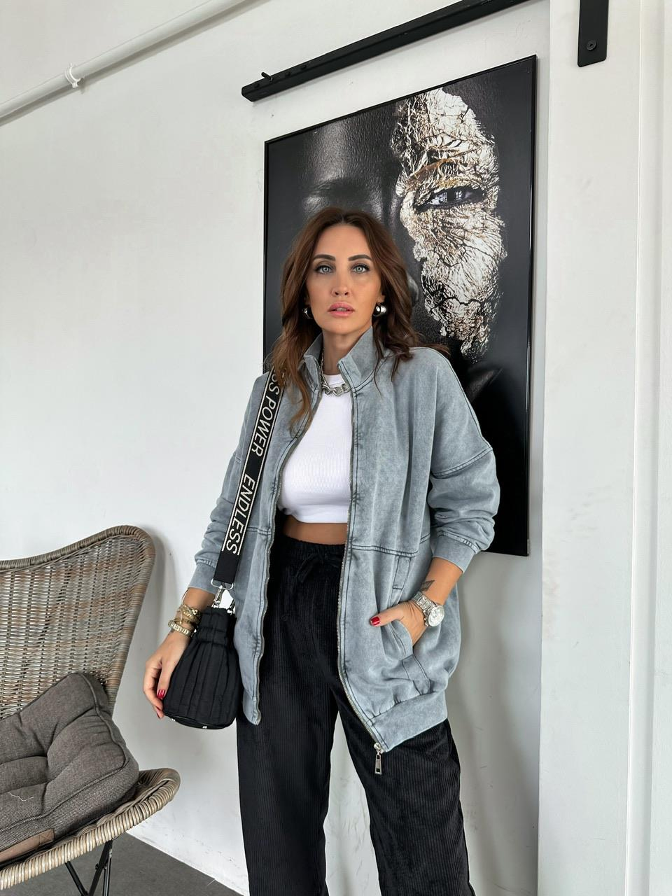 Gri Yıkamalı Fermuarlı Sweatshirt