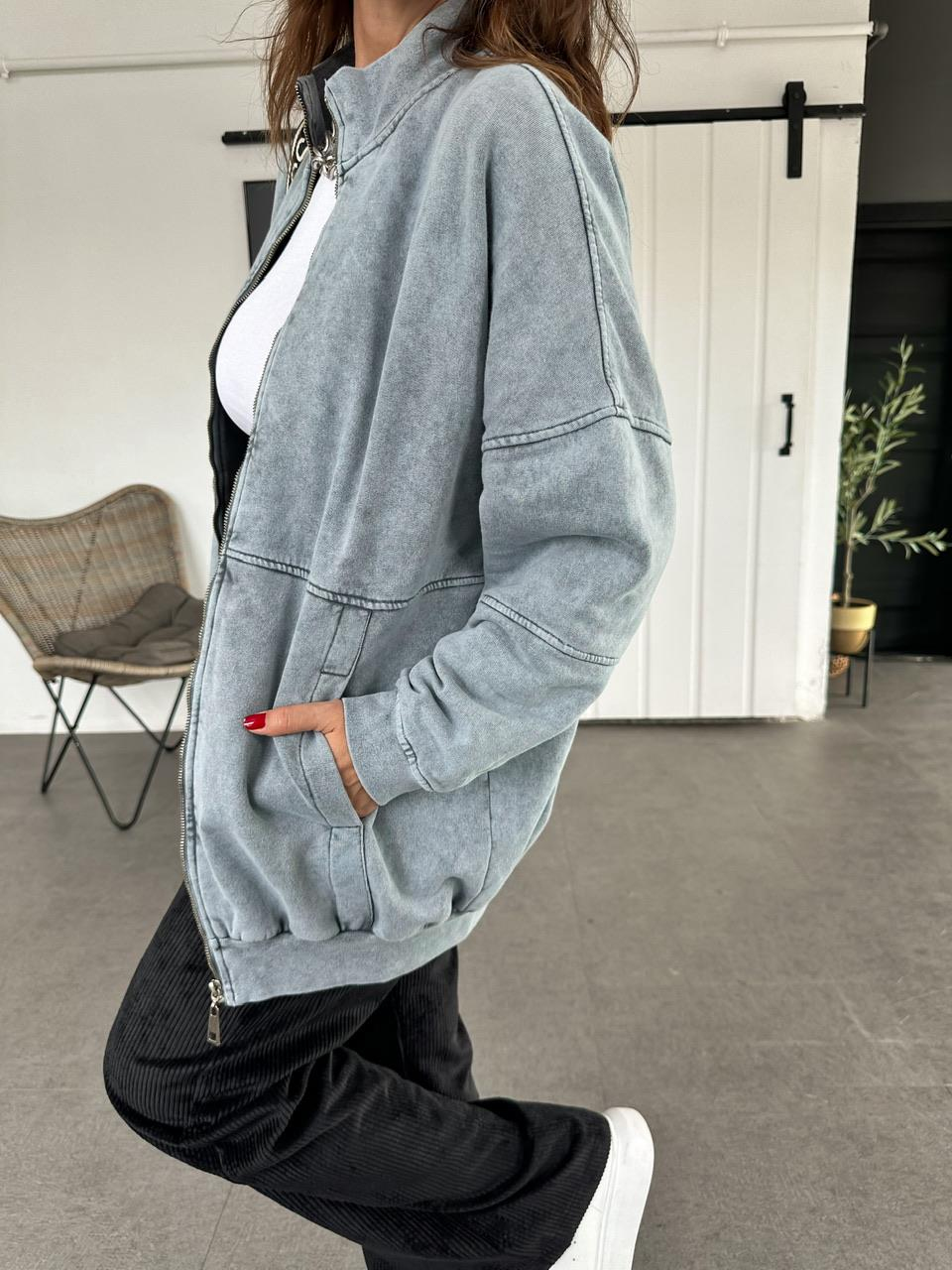 Gri Yıkamalı Fermuarlı Sweatshirt