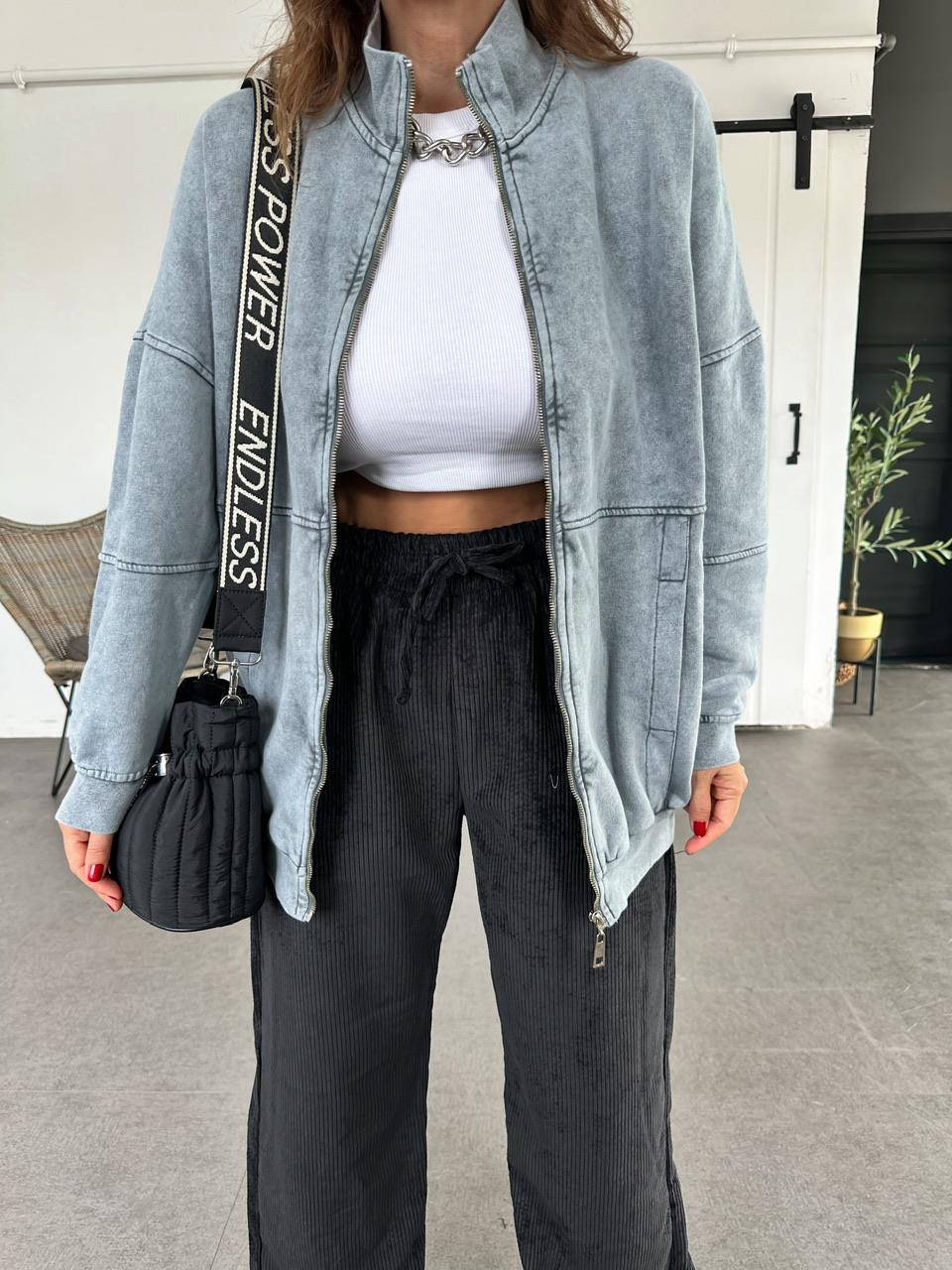 Gri Yıkamalı Fermuarlı Sweatshirt