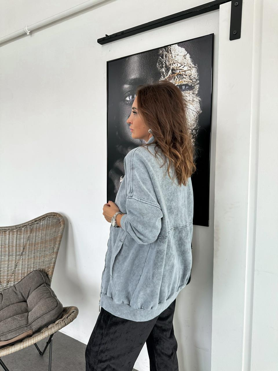 Gri Yıkamalı Fermuarlı Sweatshirt