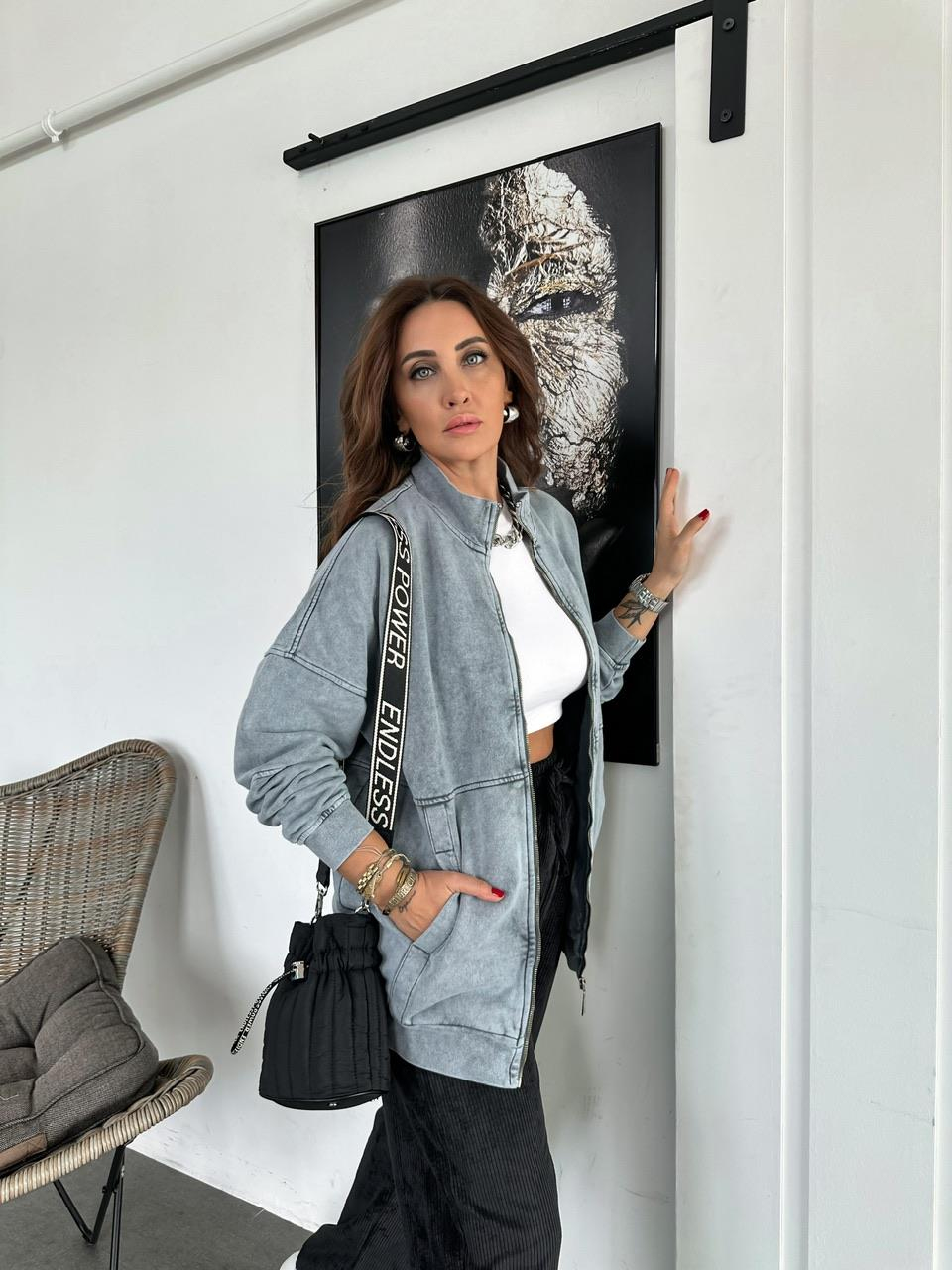 Gri Yıkamalı Fermuarlı Sweatshirt