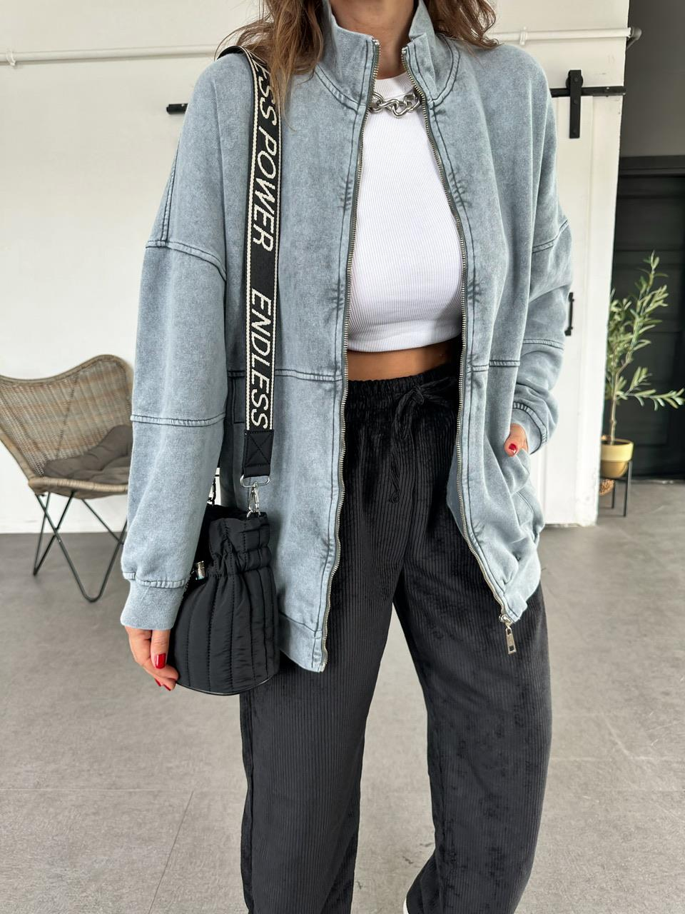 Gri Yıkamalı Fermuarlı Sweatshirt