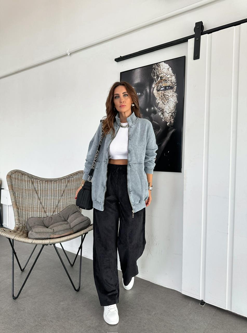 Gri Yıkamalı Fermuarlı Sweatshirt