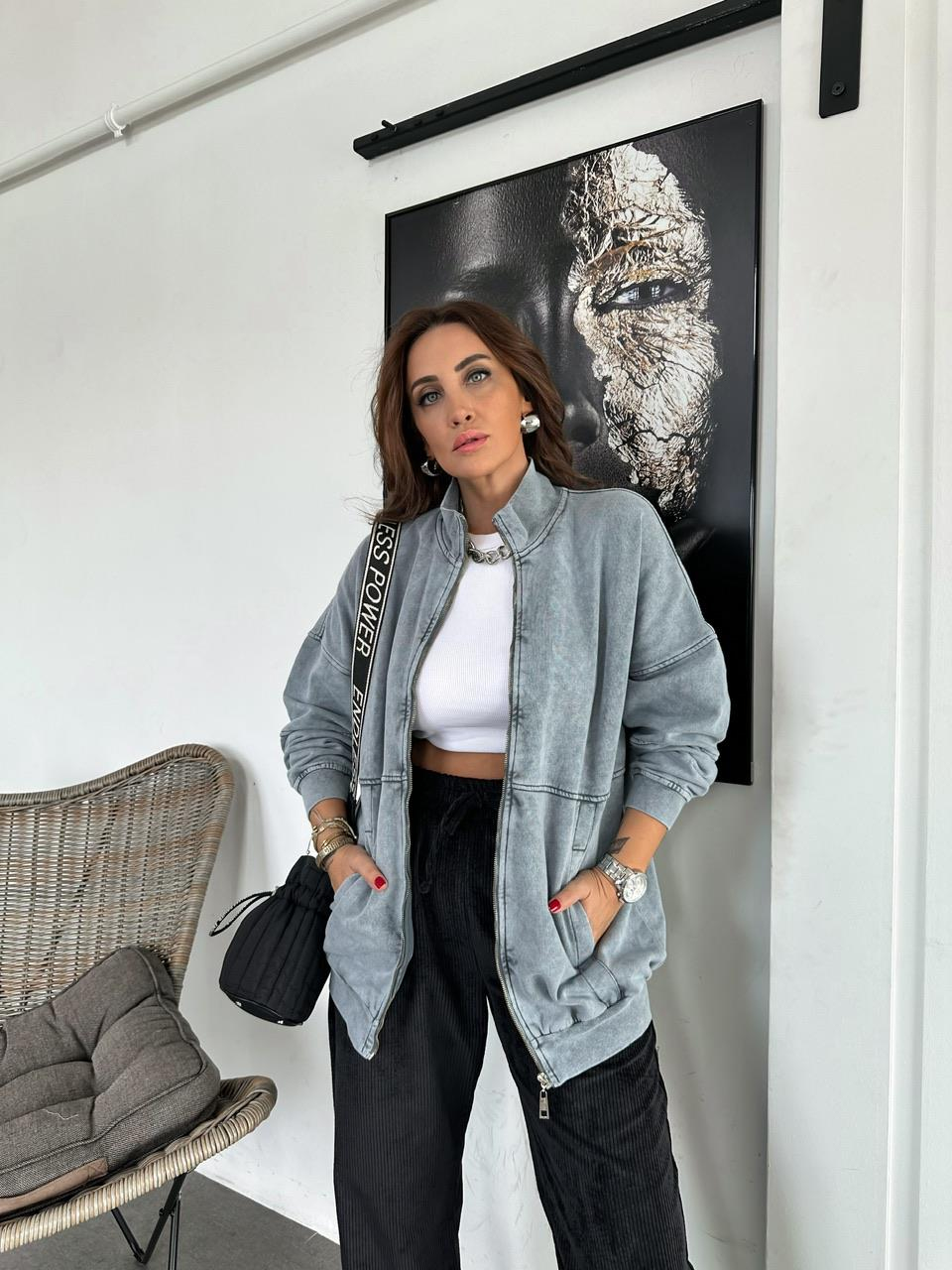 Gri Yıkamalı Fermuarlı Sweatshirt