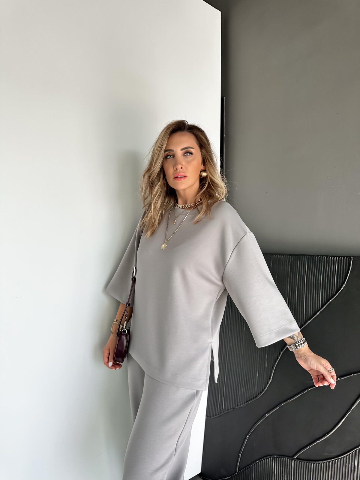 Gri Yırtmaçlı Fakir Kol Modal Takım
