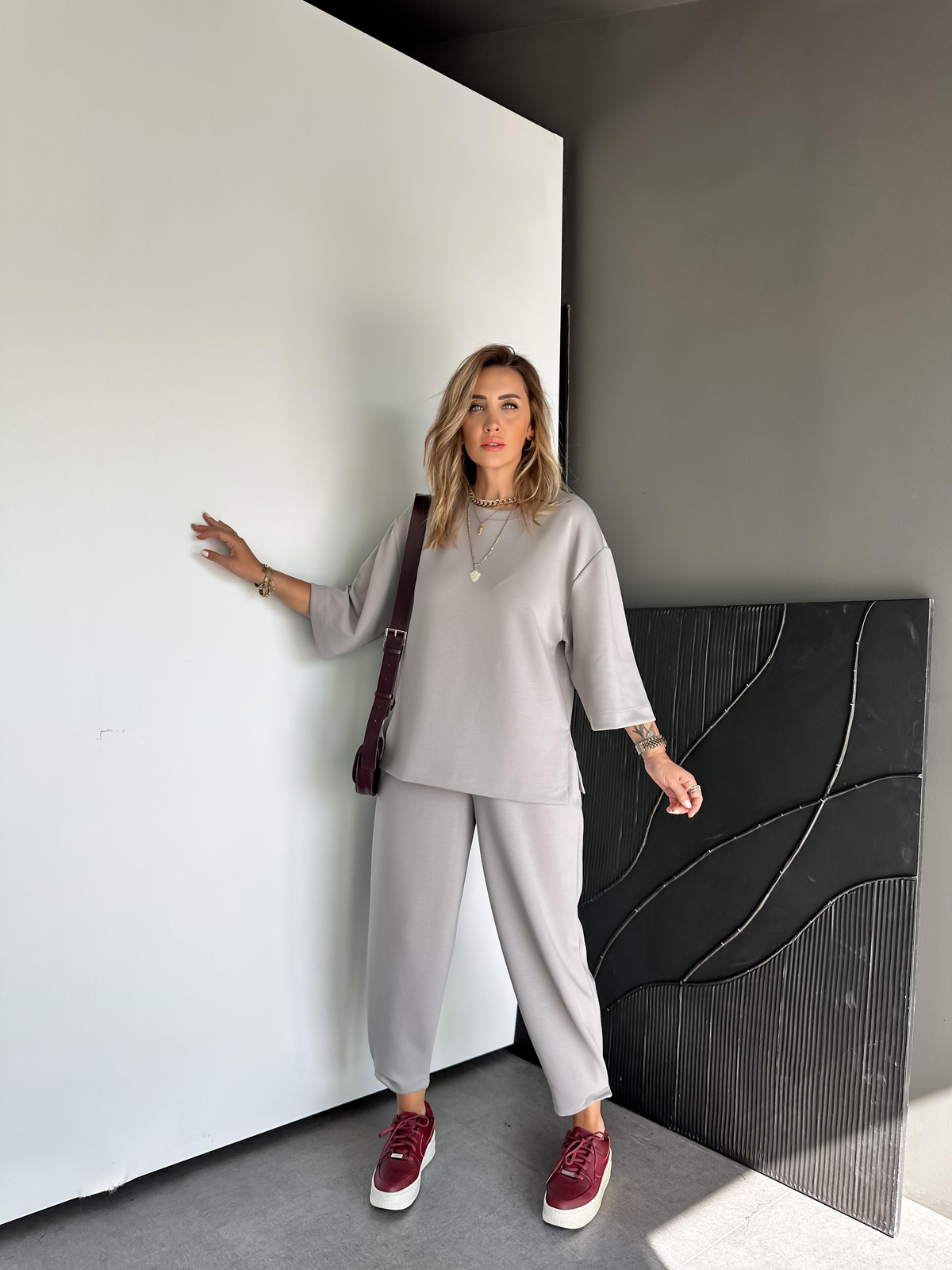 Gri Yırtmaçlı Fakir Kol Modal Takım