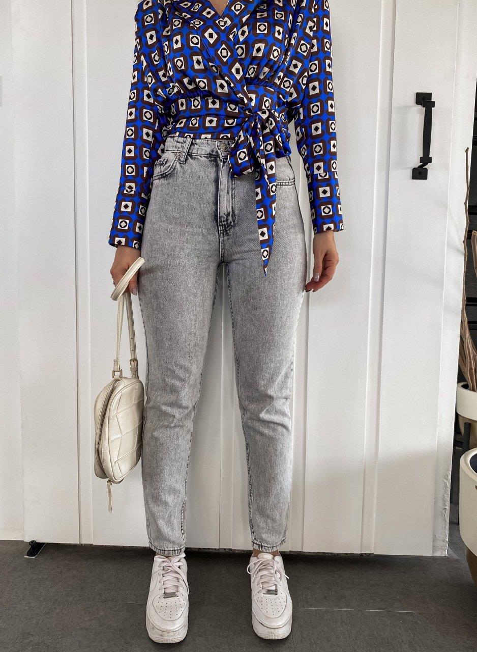 Gri Yüksek Bel Mom Fit Jean