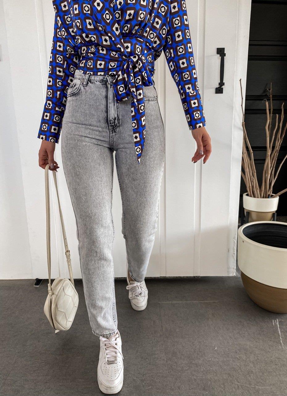 Gri Yüksek Bel Mom Fit Jean