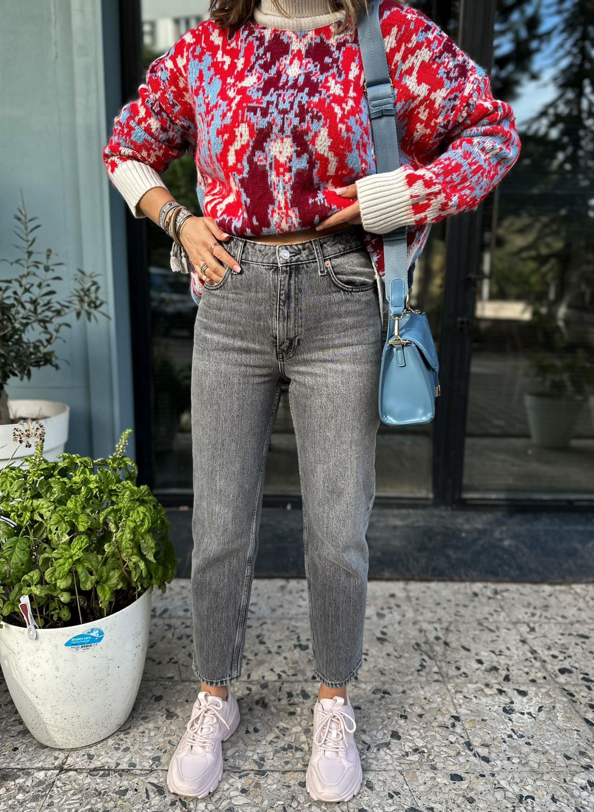 Gri Yüksek Belli Mom Jean