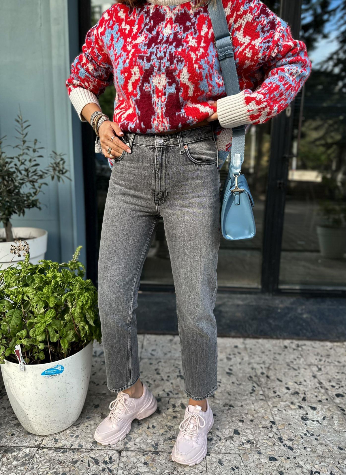 Gri Yüksek Belli Mom Jean