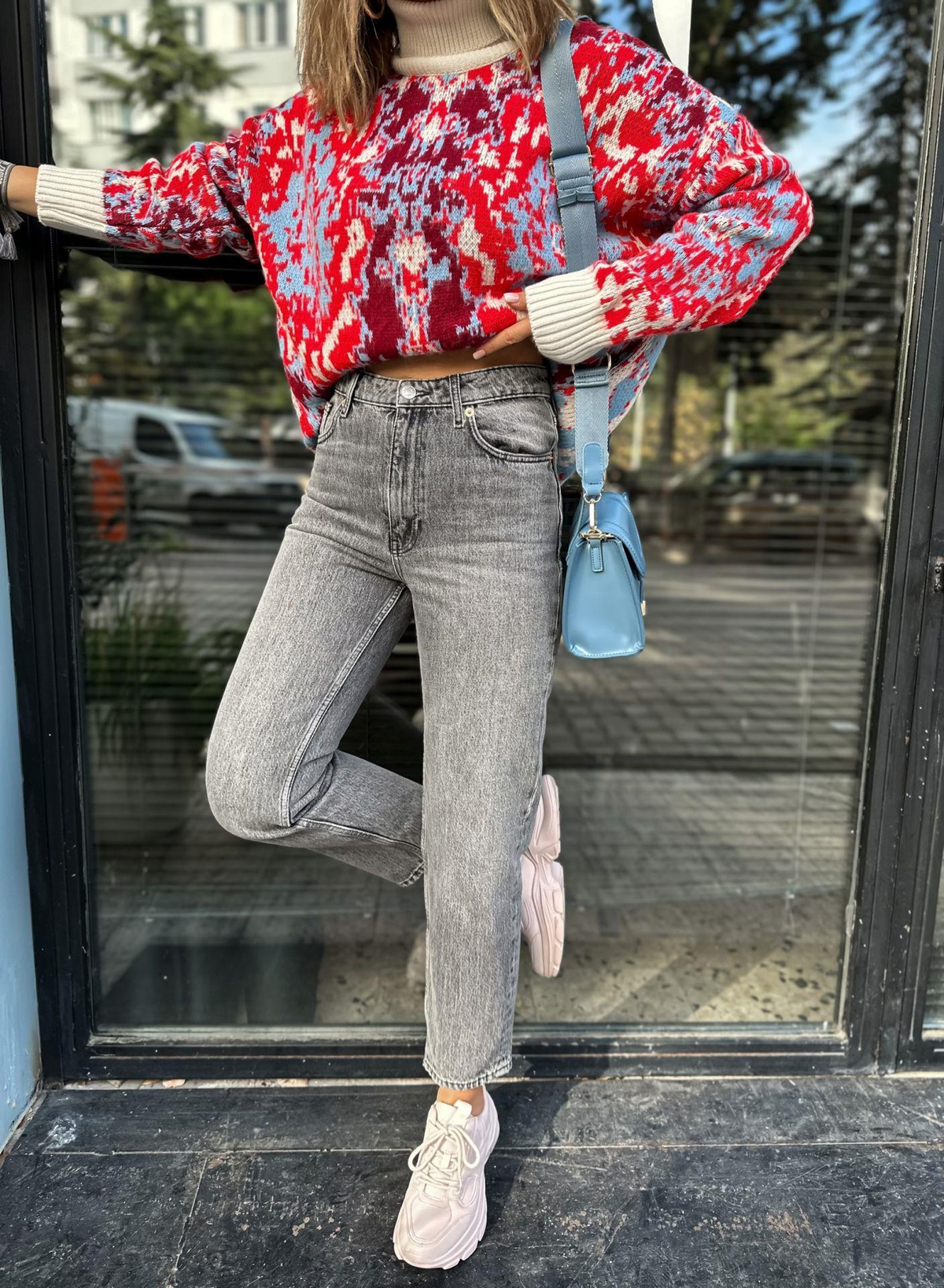 Gri Yüksek Belli Mom Jean