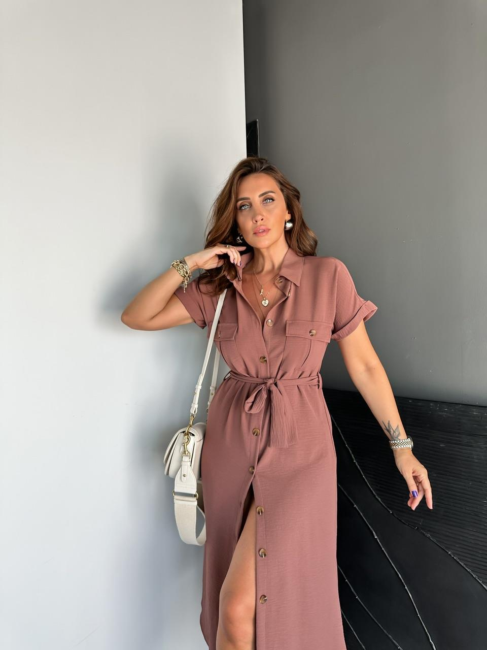 Gül Kurusu Düğmeli Kuşaklı Safari Elbise