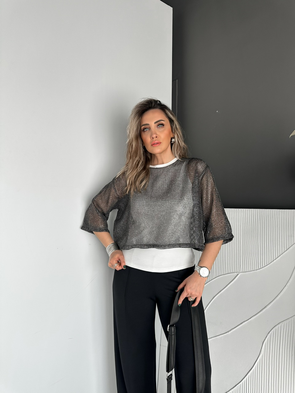Gümüş Atletli File Bluz