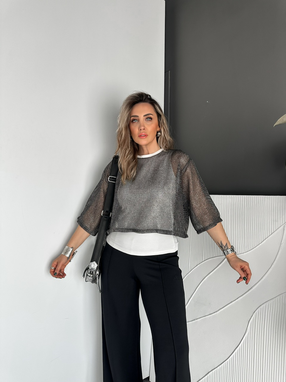 Gümüş Atletli File Bluz