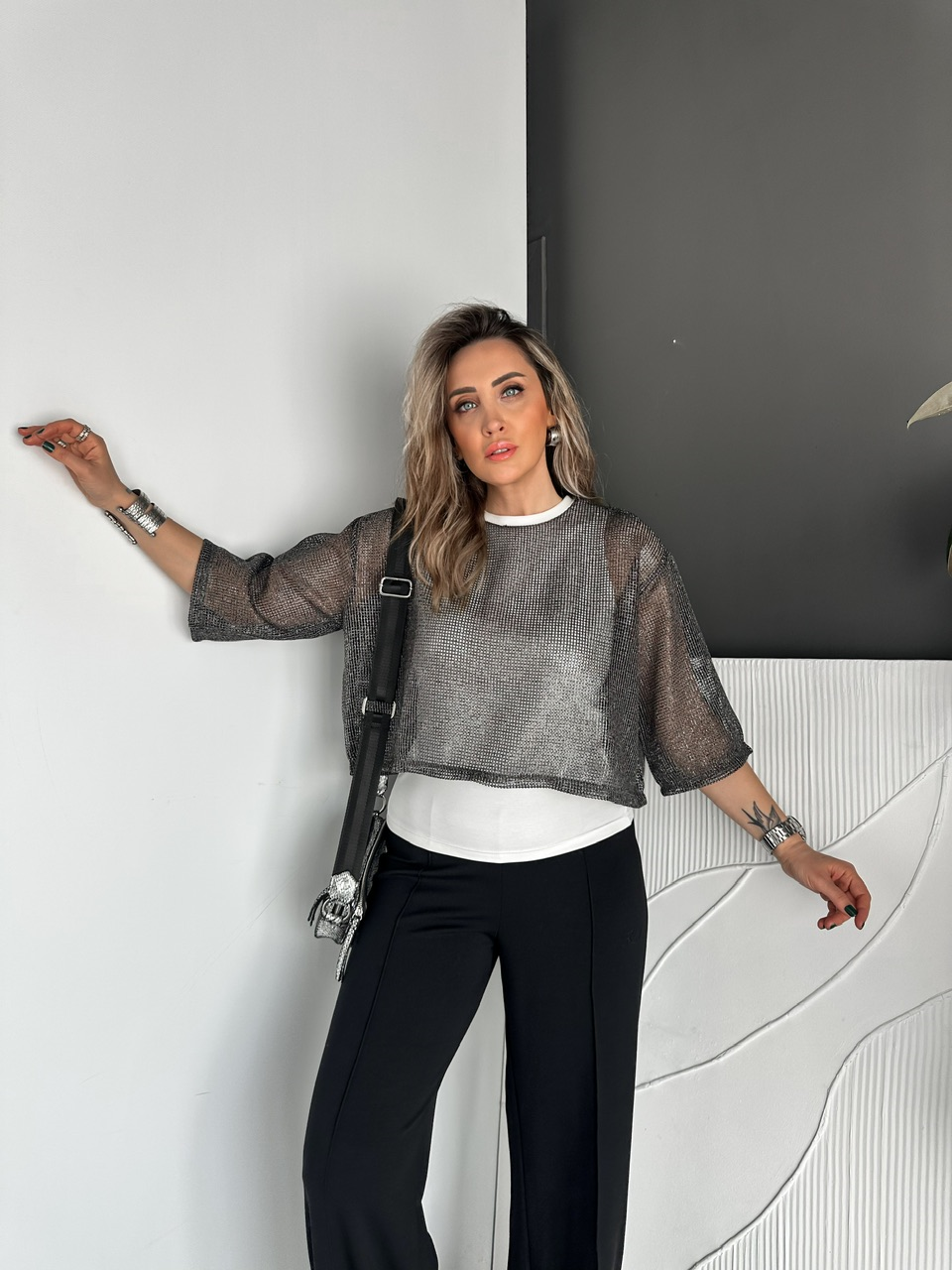 Gümüş Atletli File Bluz