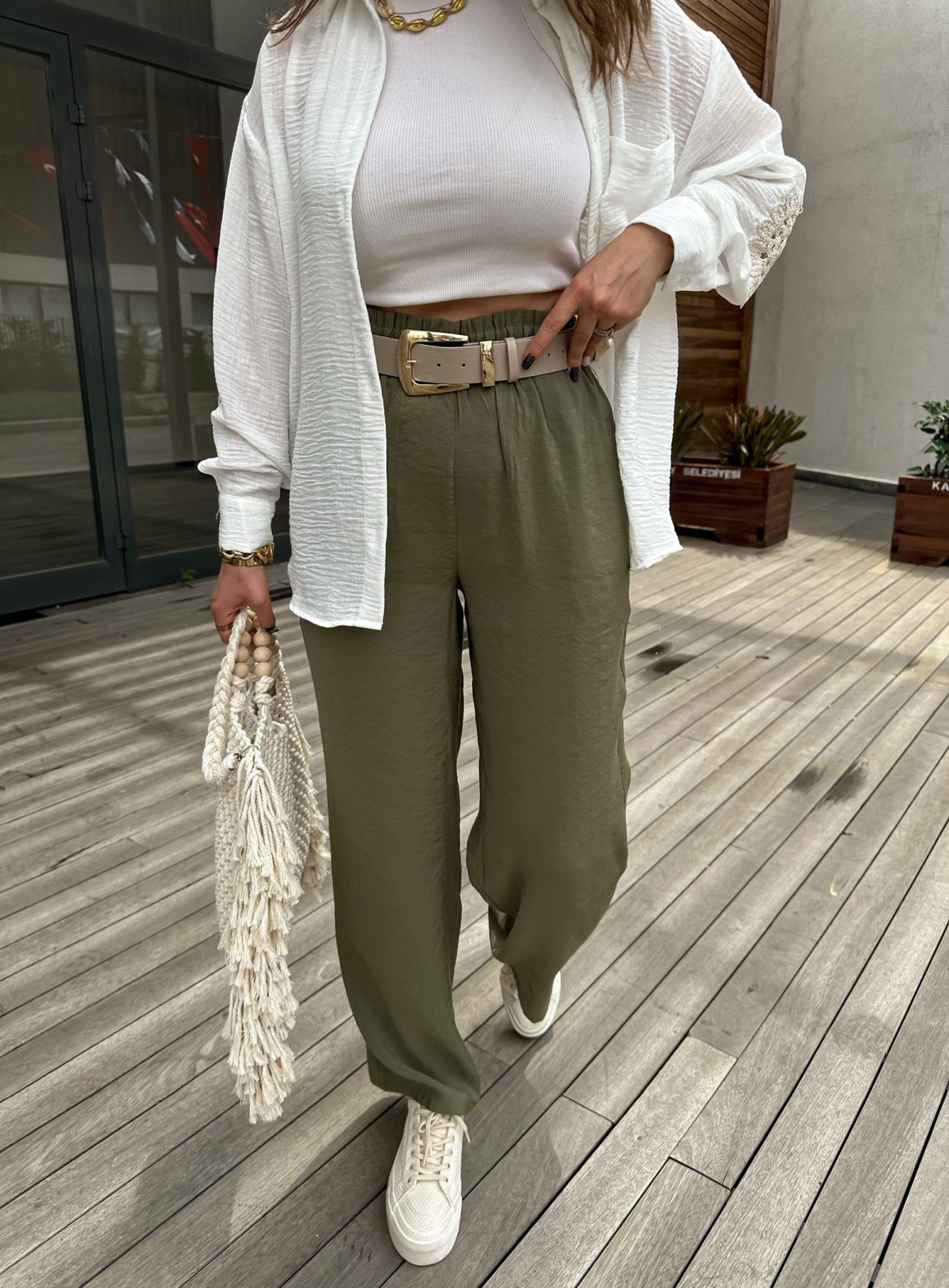 Haki Beli Lastikli Bol Pantolon