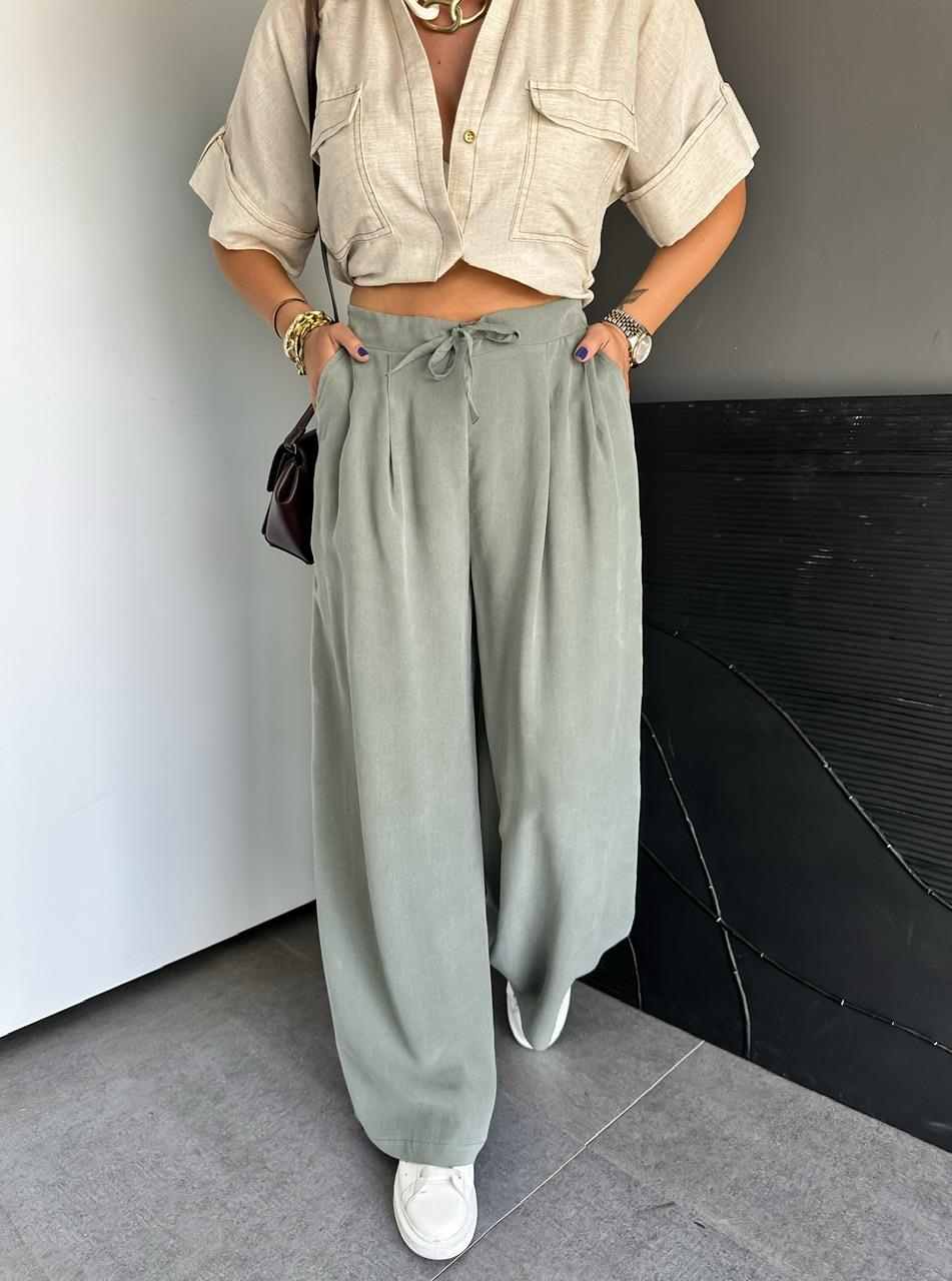 Haki Beli Lastikli Cepli Soft Pantolon