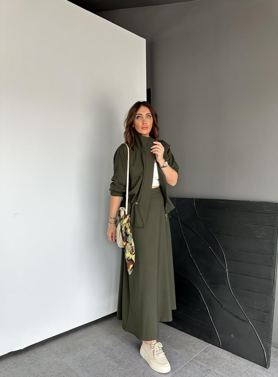 Haki Büzülebilir Ceket Etek Takım