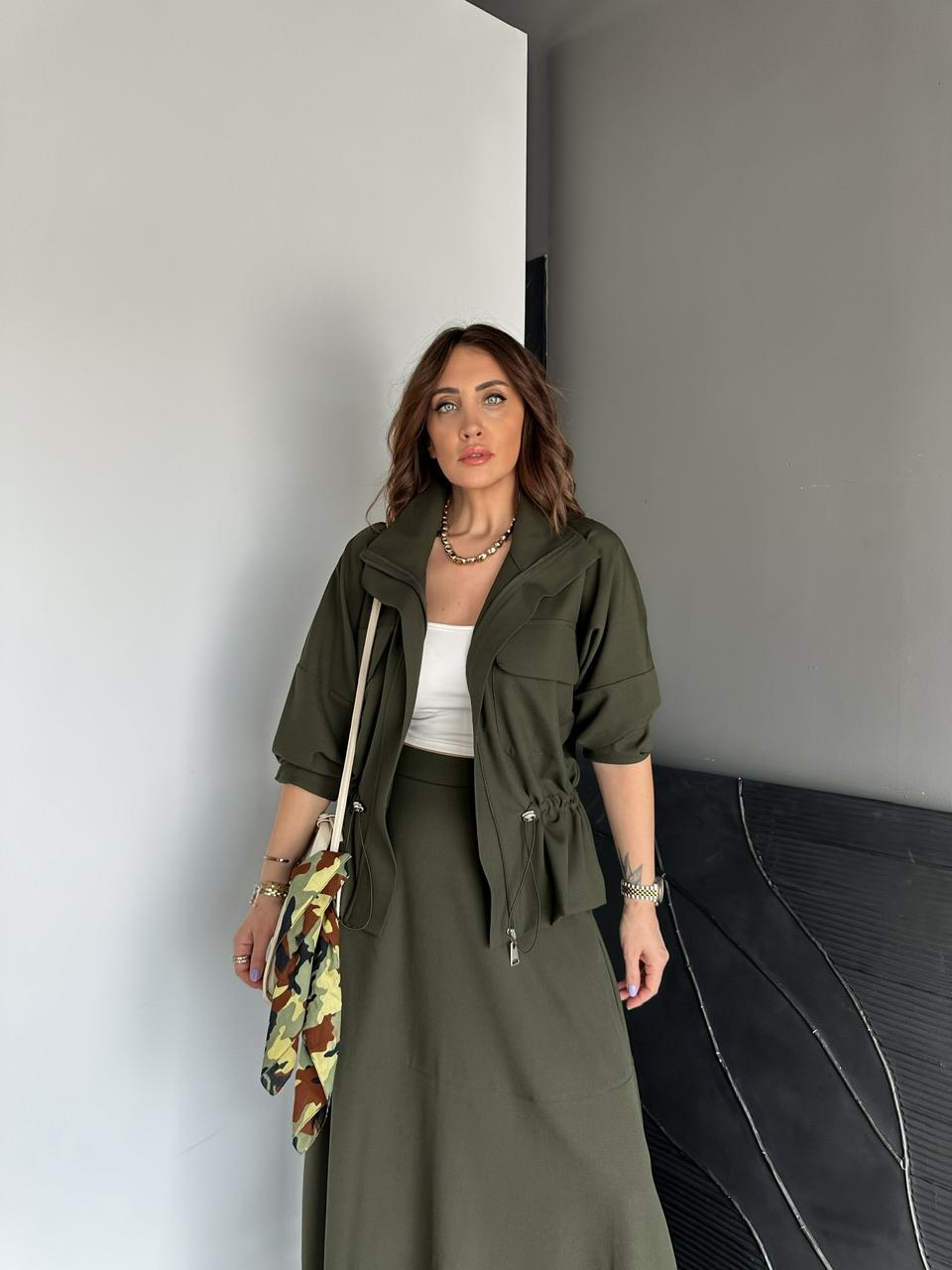 Haki Büzülebilir Ceket Etek Takım