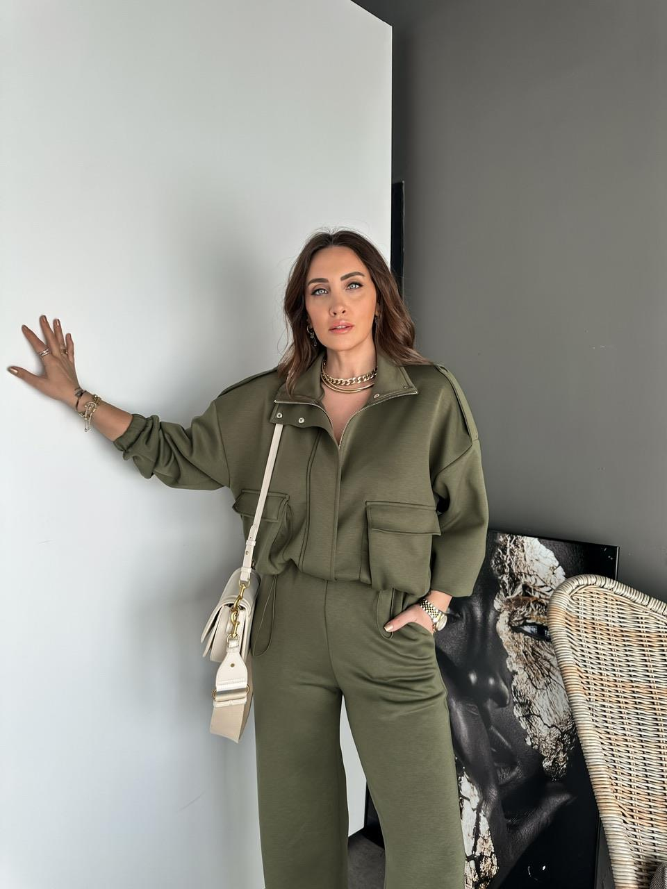 Haki Cepli Beli Büzgülü Modal Takım