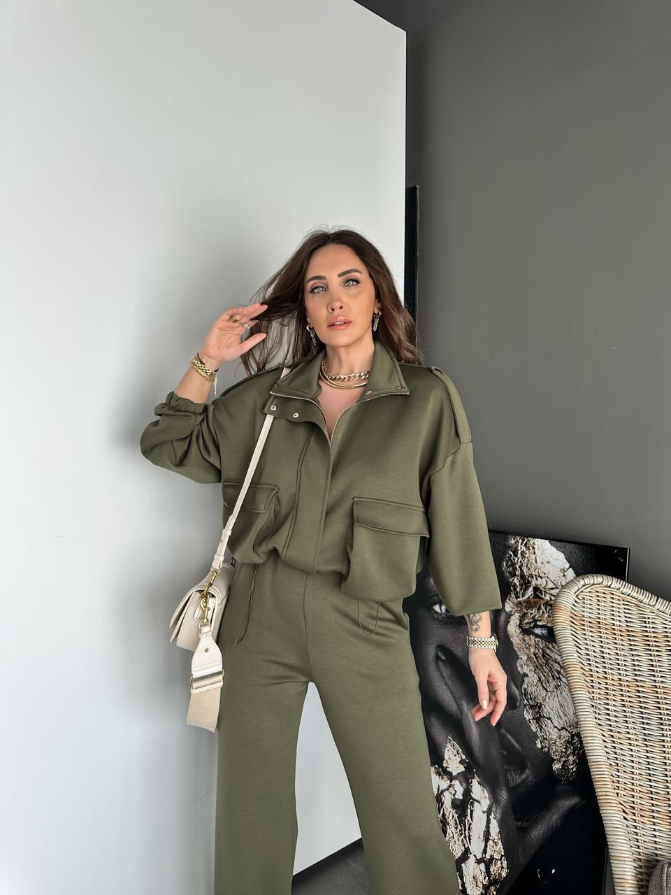 Haki Cepli Beli Büzgülü Modal Takım