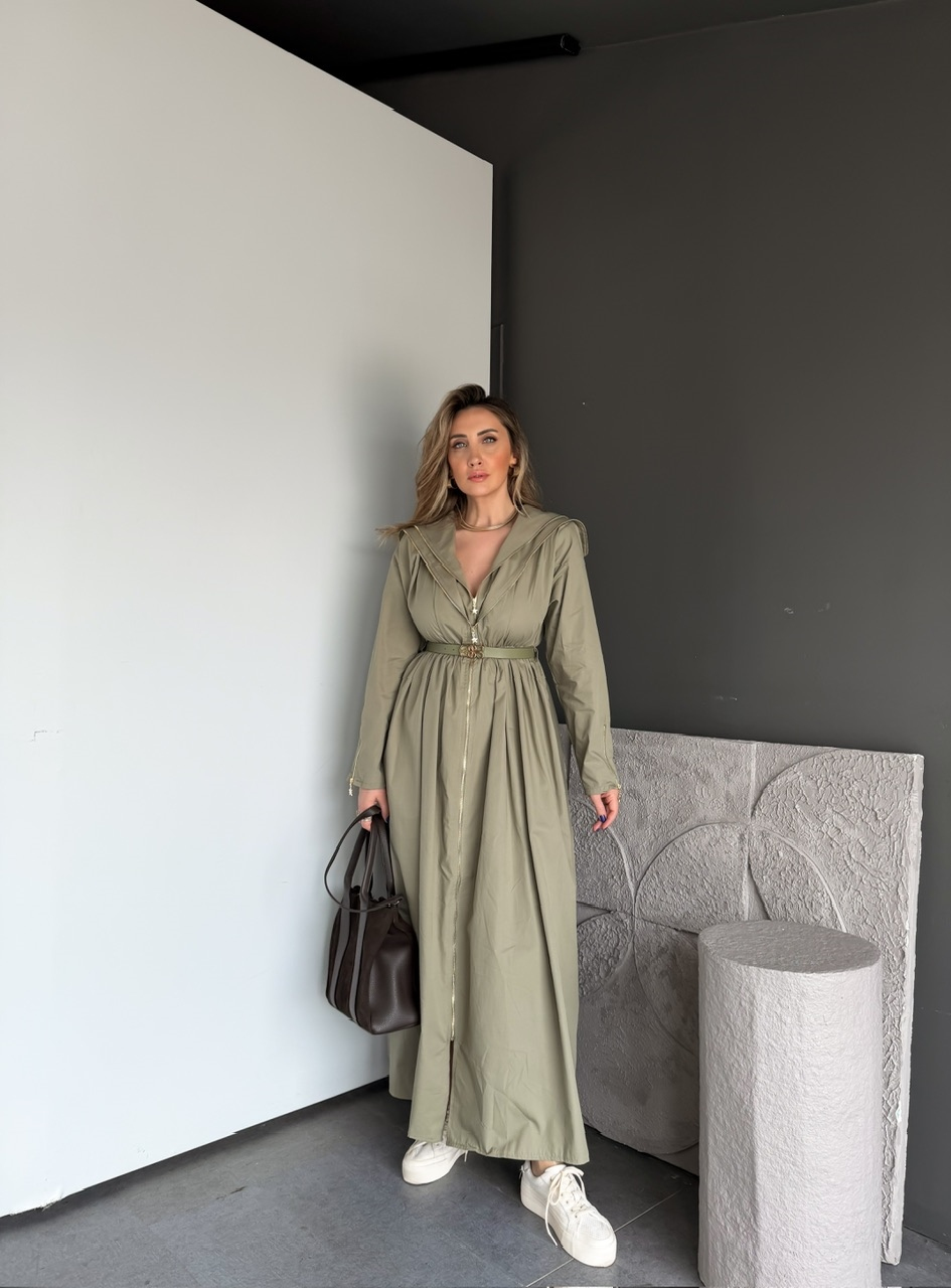 Haki Çift Fermuarlı Kemerli Elbise