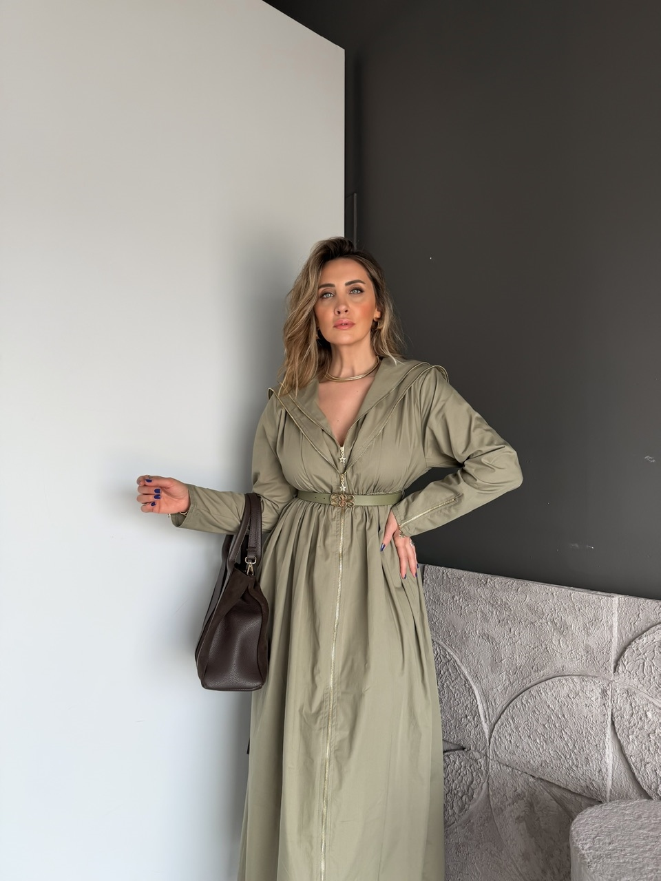 Haki Çift Fermuarlı Kemerli Elbise