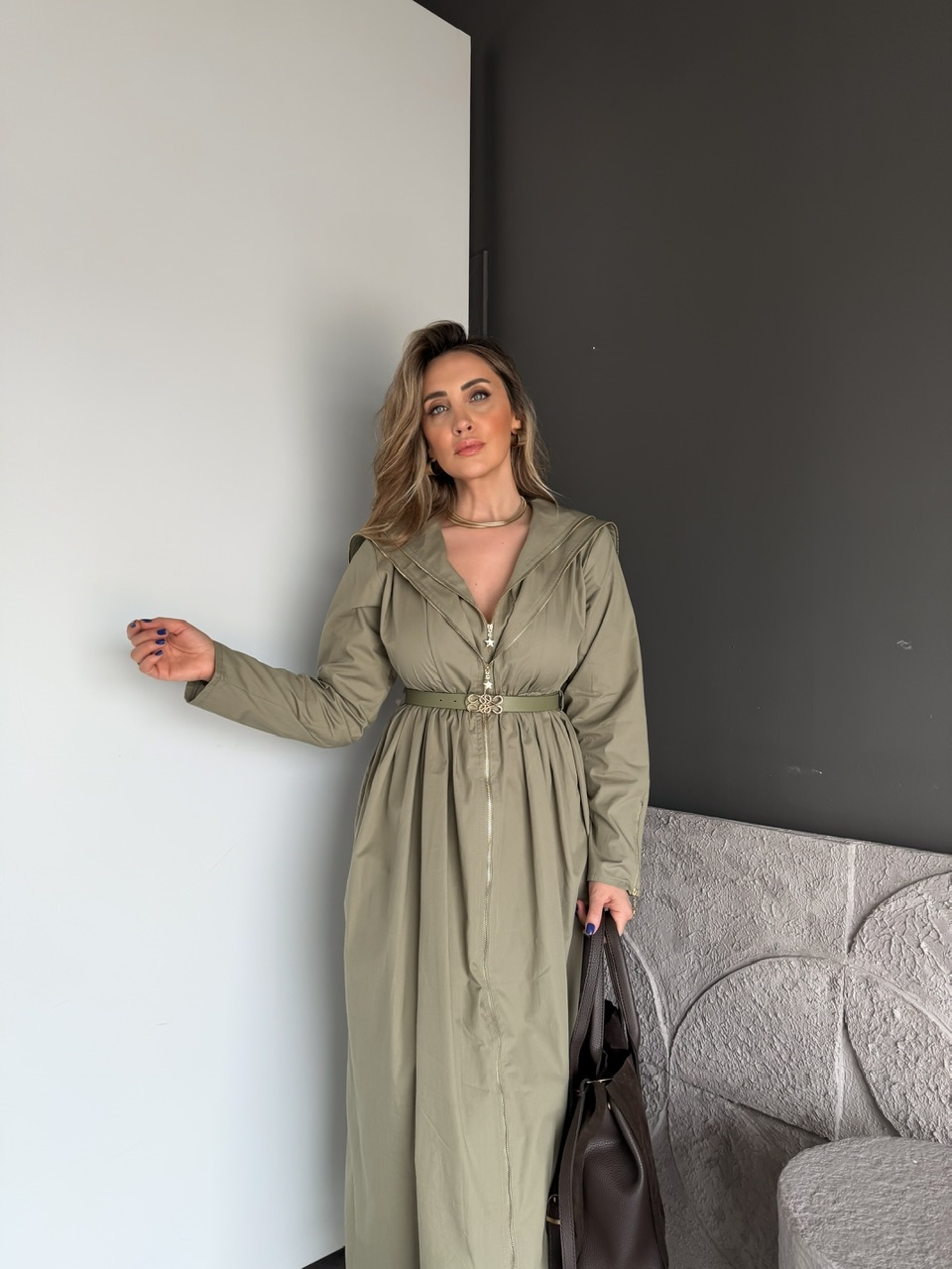 Haki Çift Fermuarlı Kemerli Elbise