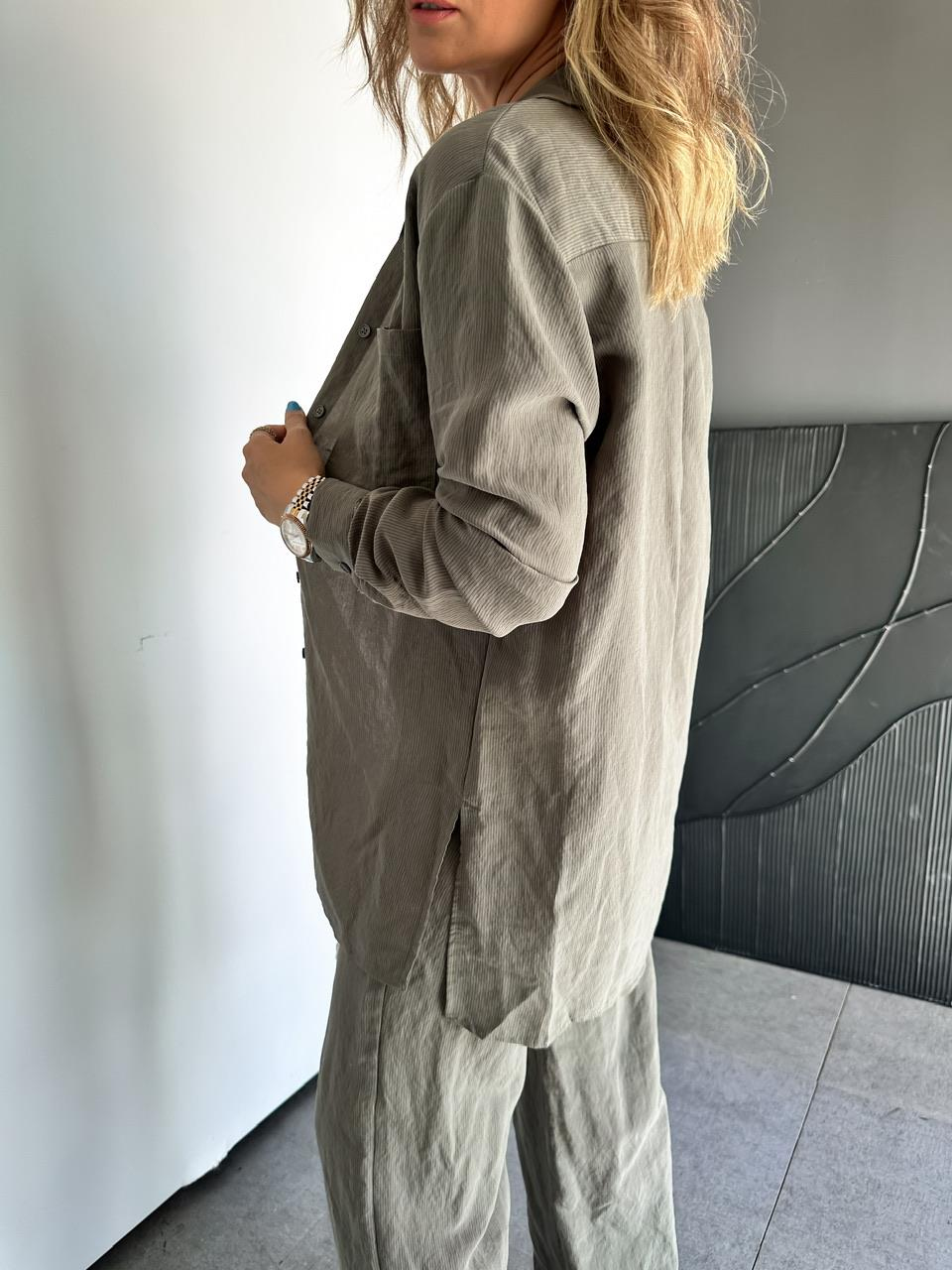 Haki Çizgili Gömlek Pantolon Soft Takım