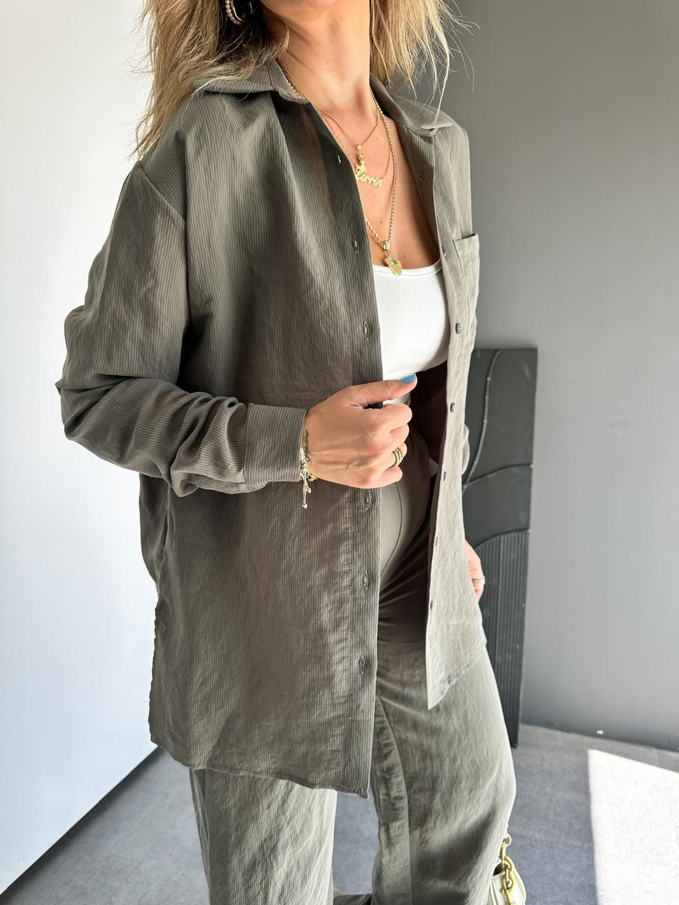 Haki Çizgili Gömlek Pantolon Soft Takım